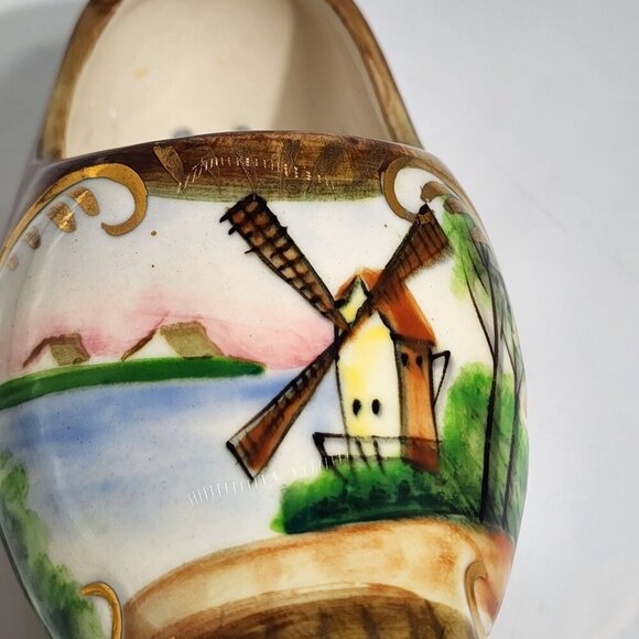 Hand Painted Ceramic Dutch Clog Whindmill Planter Shoe Brown Gold Vintage Japan - Picture 9 of 10